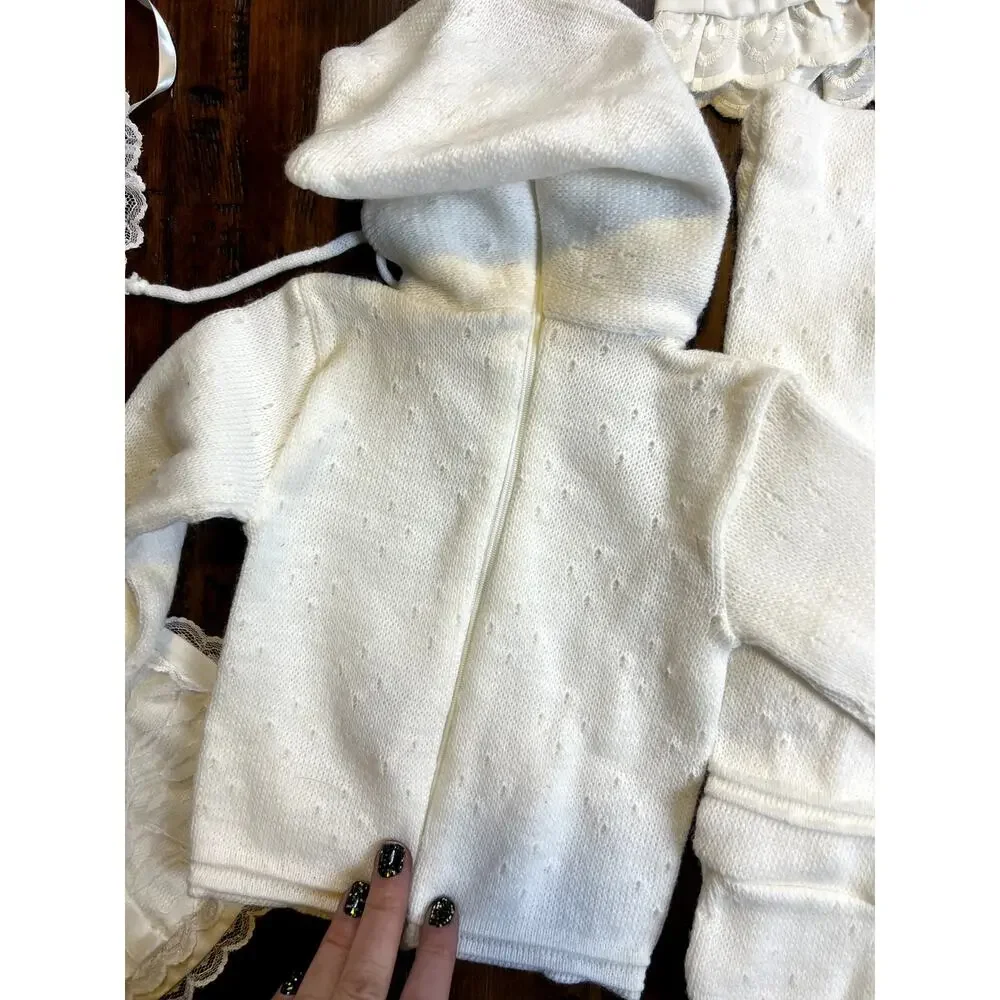 Soft White Knit Baby Clothing and Accessory Bundle w/ Baptism Bib - 0-3 months